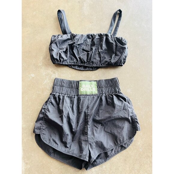 Daily Drills Pants - Daily Drills Black Nylon Bubble Bra Shorts Set Womens Medium